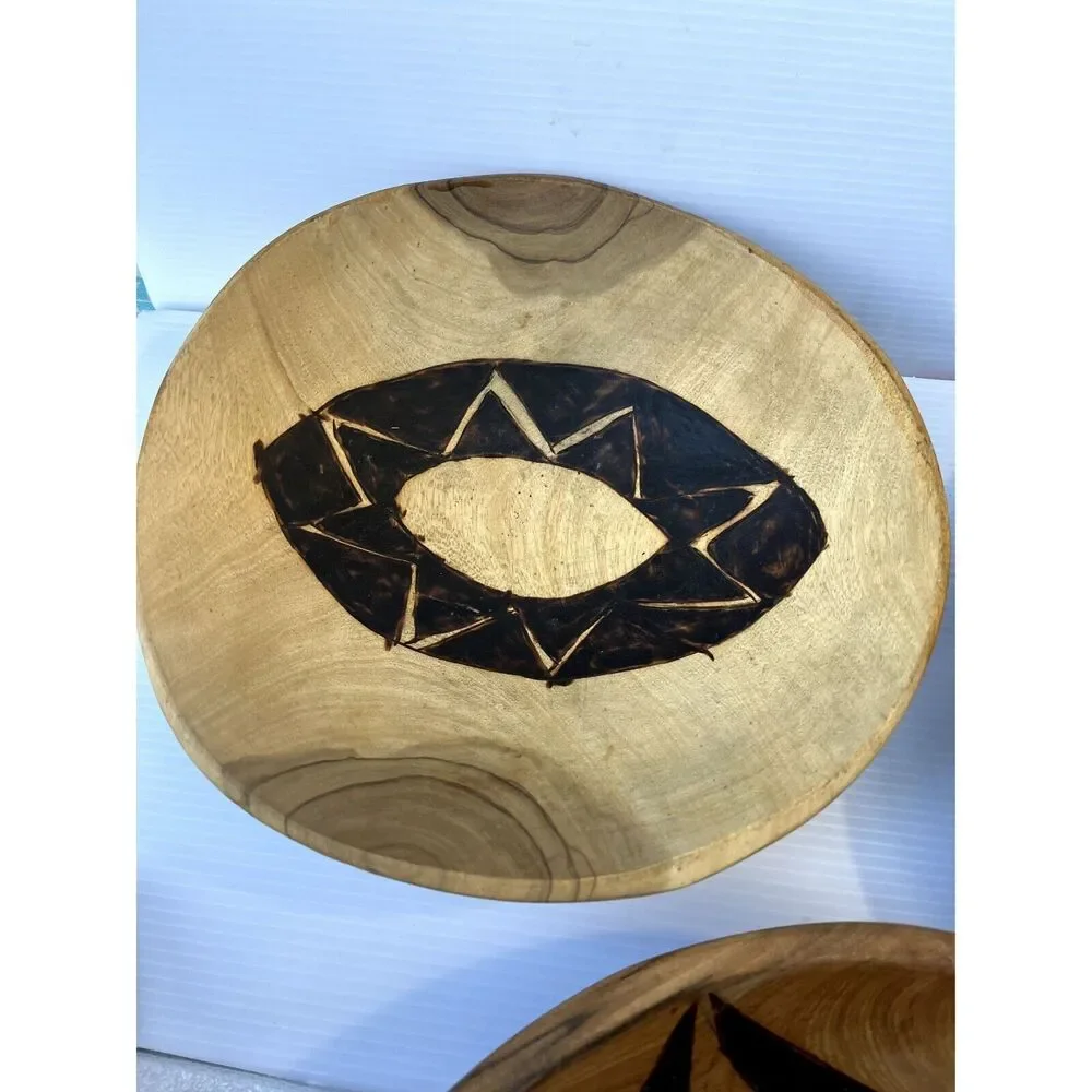 Wood Bowls Hand Carved/Painted/Incised 3 Bowls Each Different Rustic Boho